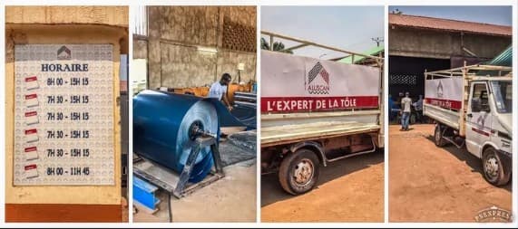 Atelier ALUSCAN : horaires d'ouverture, bobine aluminium en cours de déroulage, camion ALUSCAN « L'expert de la tôle » devant l'atelier d'Avenue Conjugo, Bangui